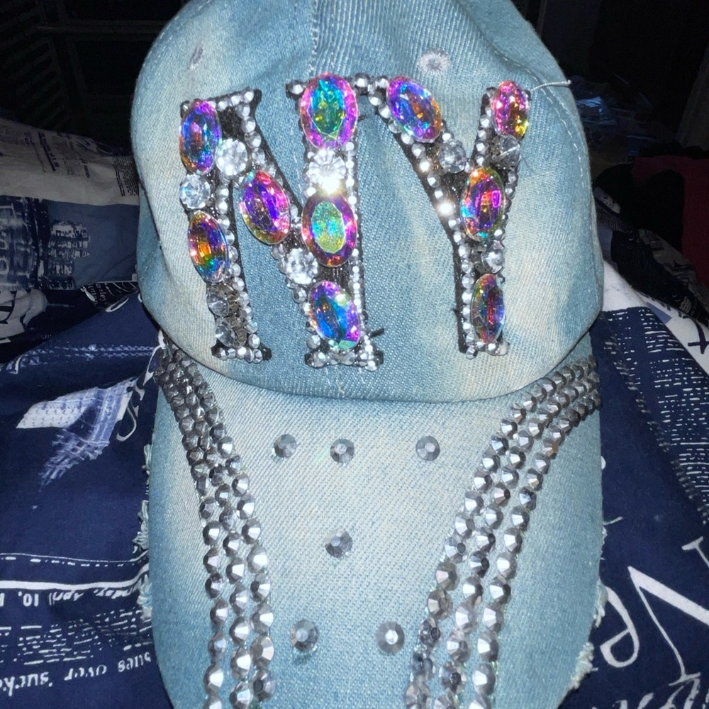 Denim Rhinestone New York Baseball Cap - Picture 2 of 2